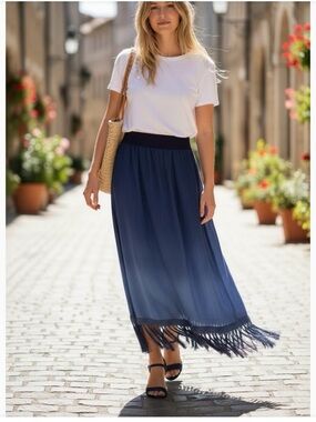 Chico's Sz 1 (Medium) Maxi Midi Skirt Ombré Blue Fringe 100% Linen Elastic Waist